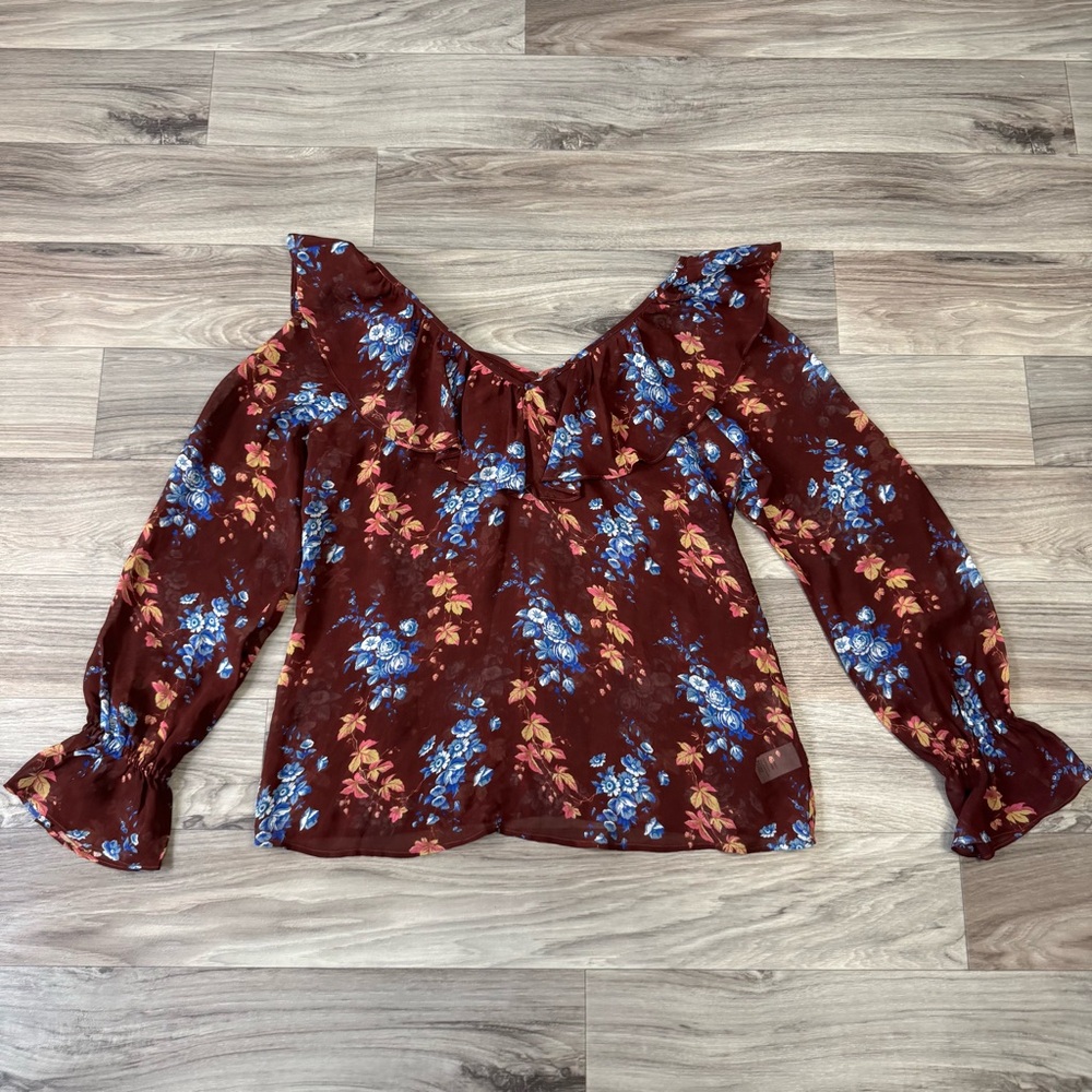 Paige Persephone Silk Floral Print Long Sleeve Blouse Cherrywood Burgundy Medium